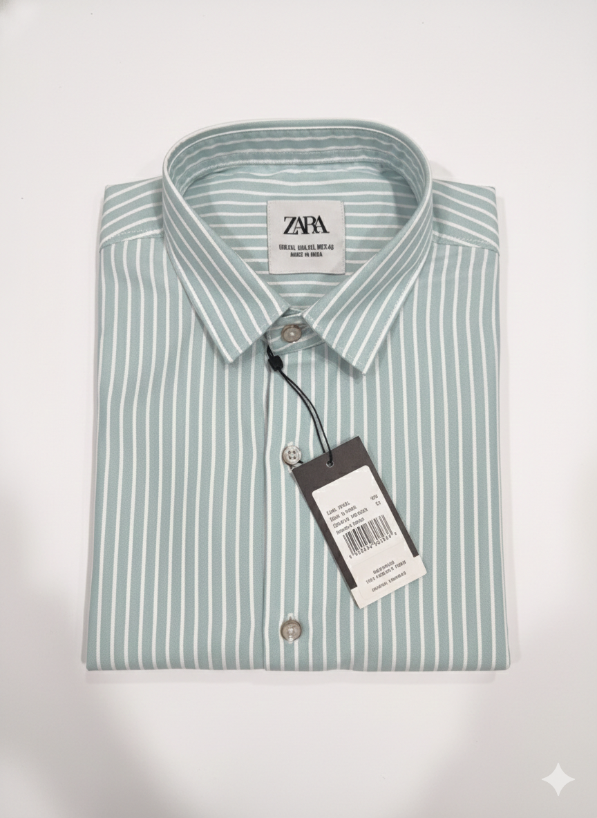Light Mint Green with White Micro Stripes Oxford Cotton Shirt
