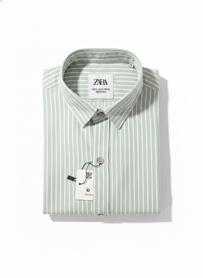 Light Sage Green with White Micro Stripes Oxford Cotton Shirt