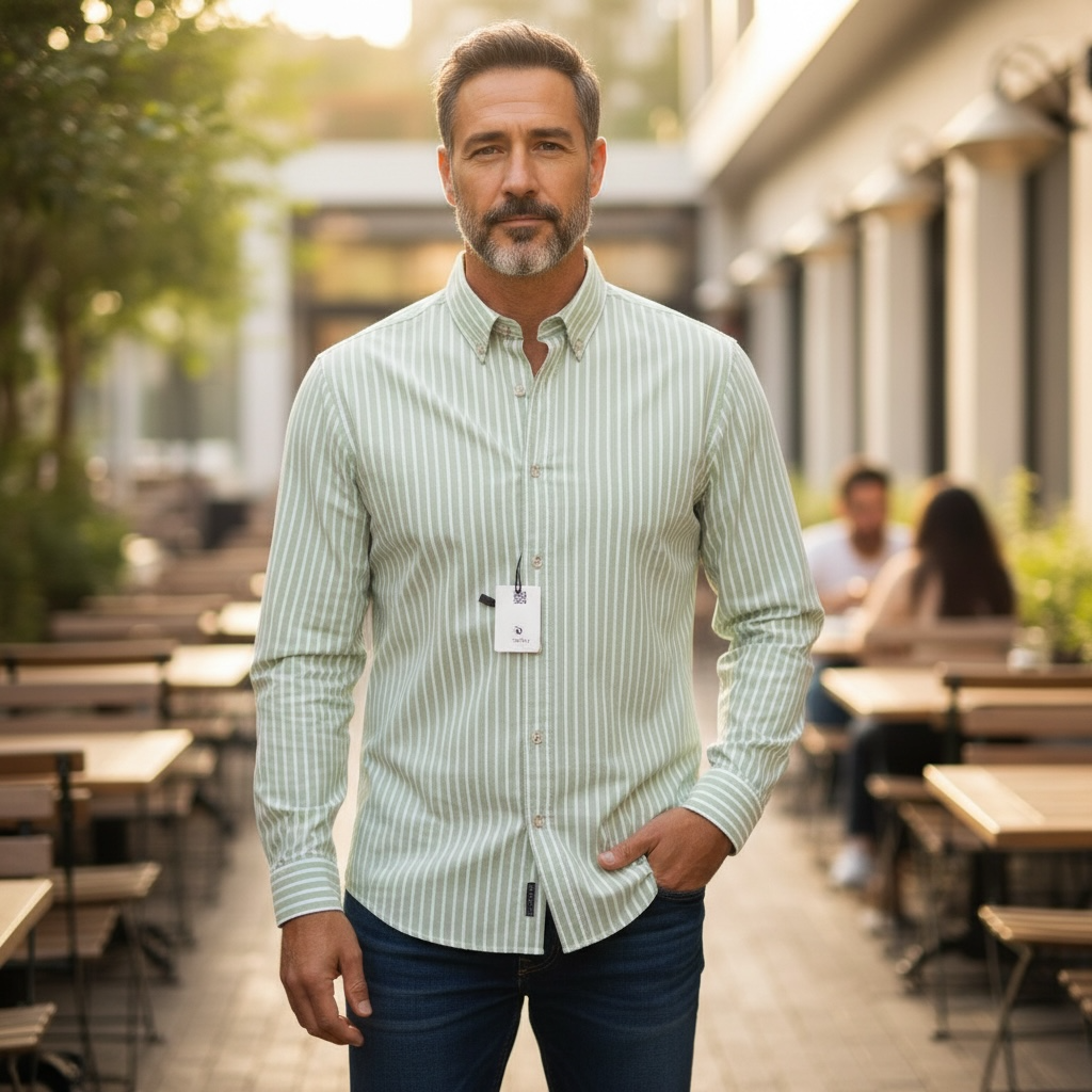 Light Sage Green with White Micro Stripes Oxford Cotton Shirt